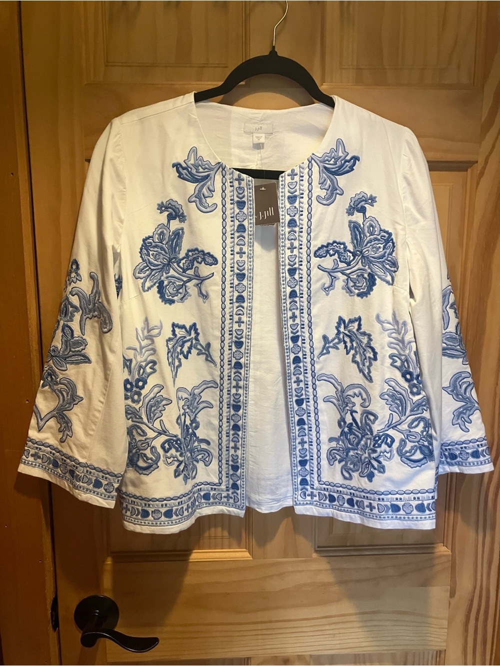 J. Jill White Open-Front Jacket with Blue Floral Embroidery